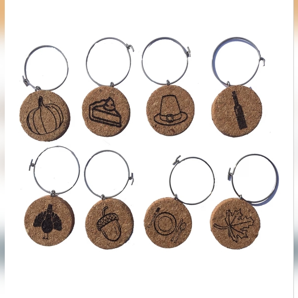 Set of 8 Fall-Themed Cork Wine Charms  New